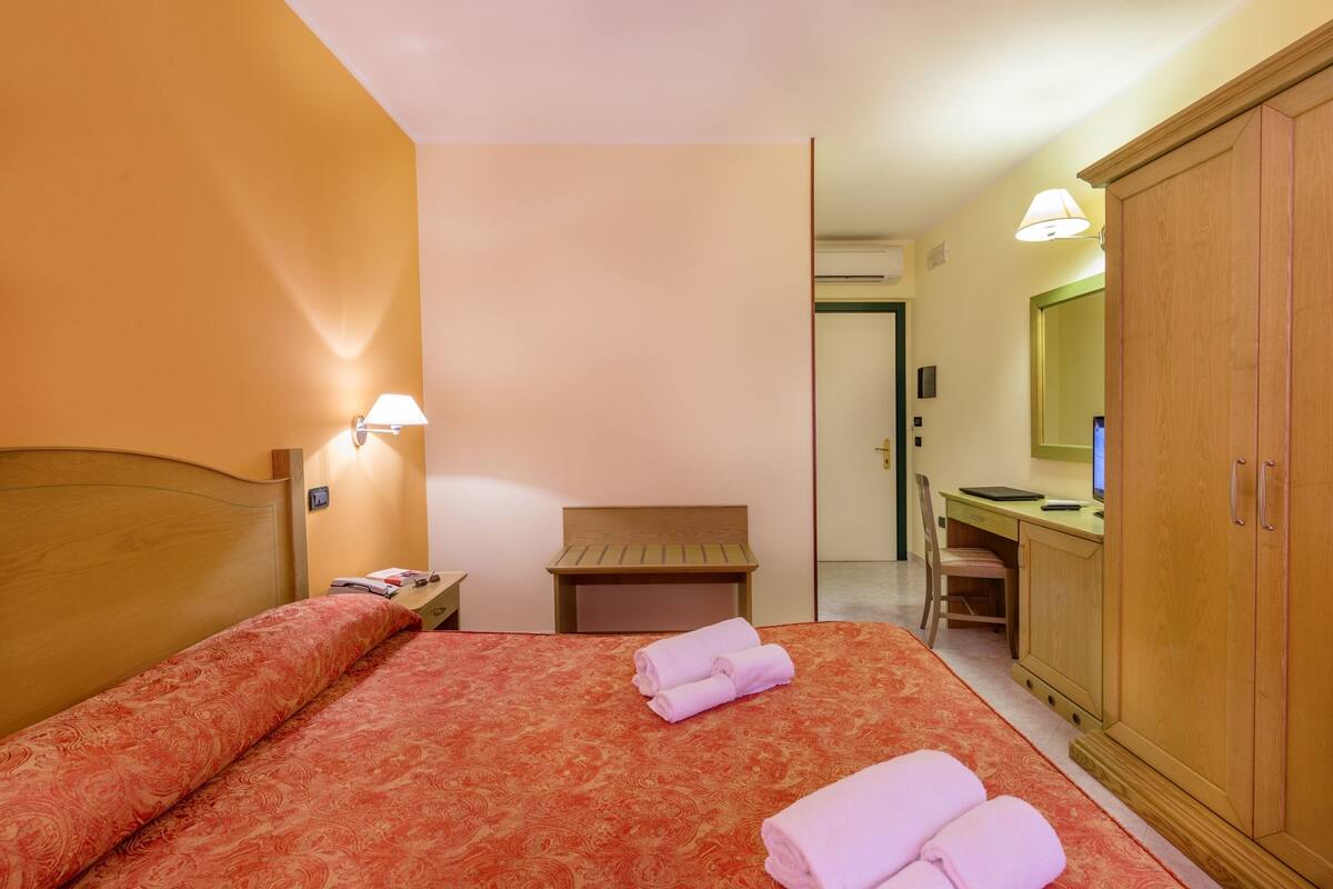 A hotel room with a bed, a desk, a chair, a wardrobe, and a mirror.