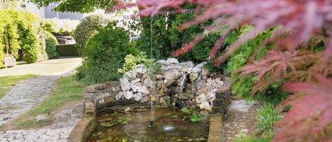 A small pond with a stone border, surrounded by lush greenery and a stone pathway.