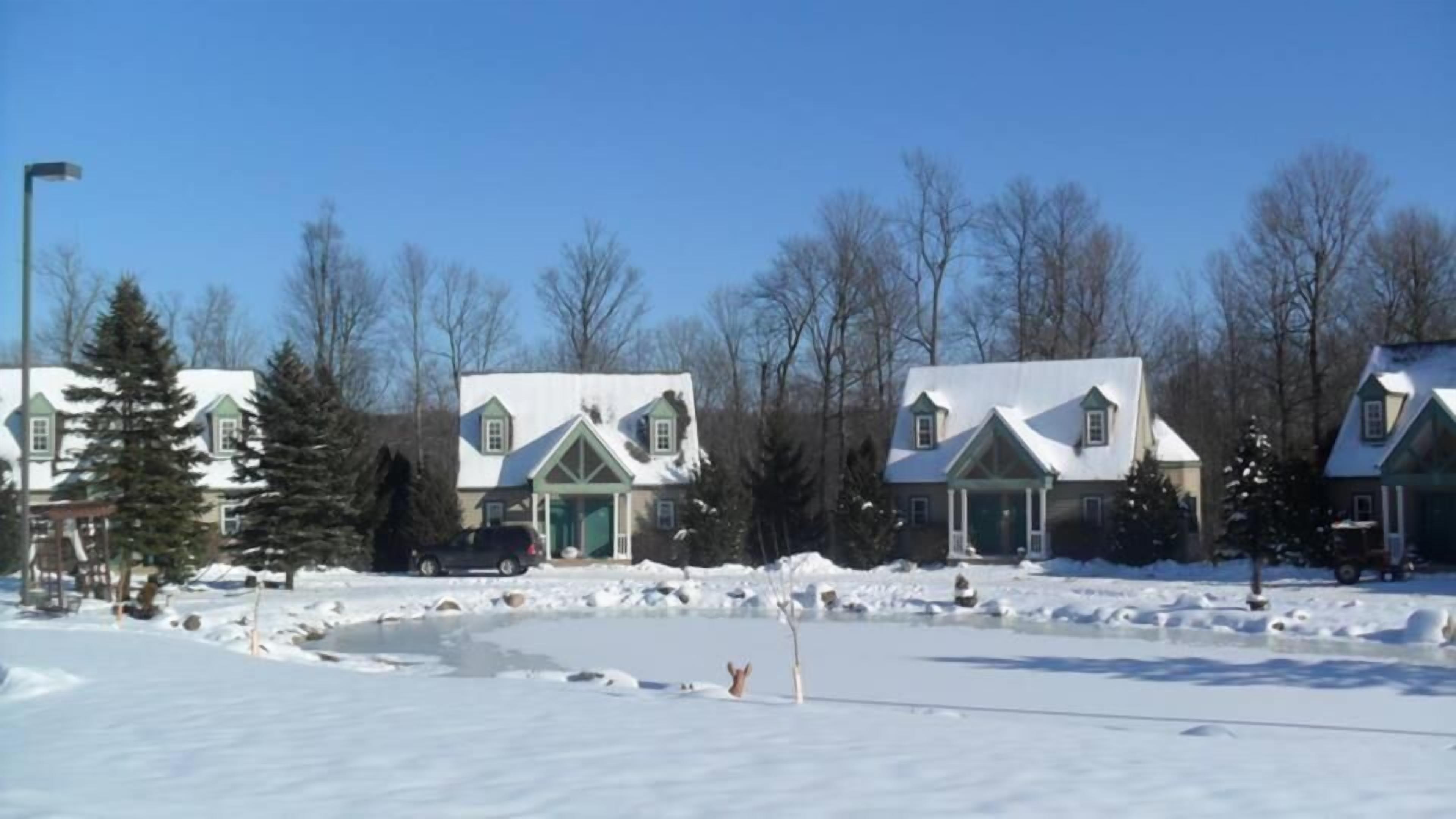 Een rij huizen met sneeuw bedekte daken en een heldere lucht.