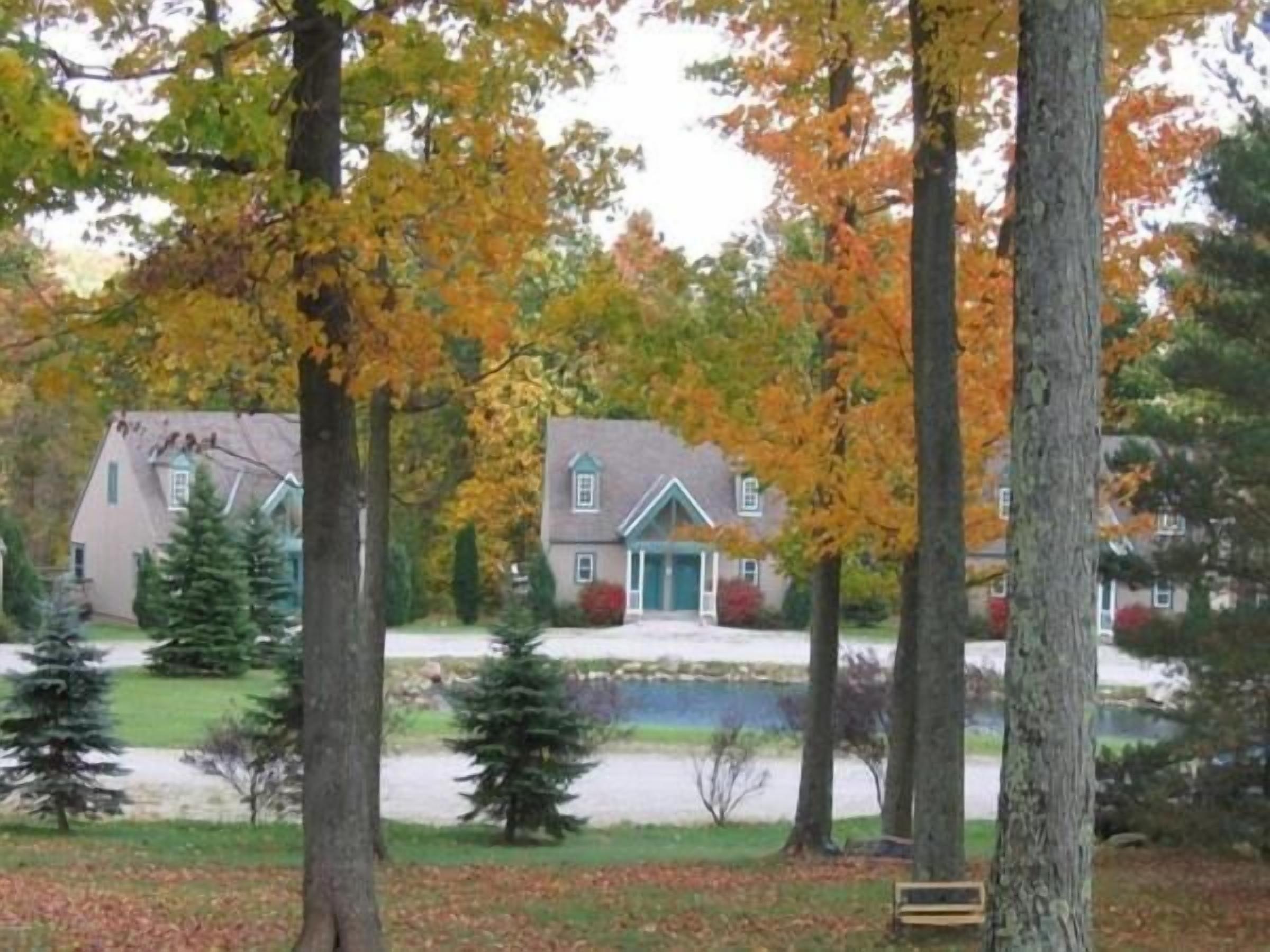 Un quartier résidentiel avec des maisons, des arbres et un petit plan d’eau.