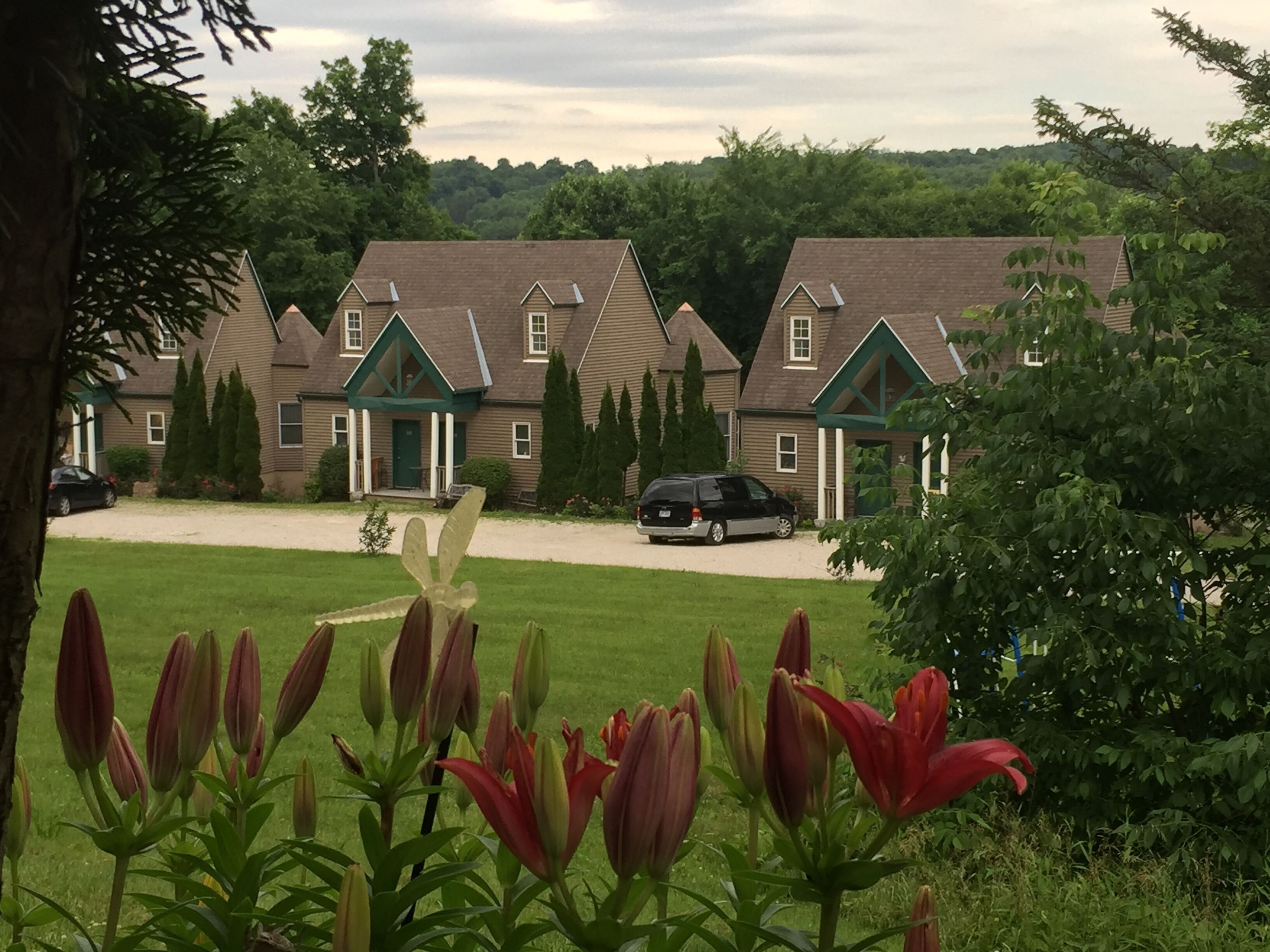 A row of two-story houses with a driveway and a lawn in the foreground.