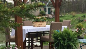 An outdoor dining area with a table set for four, surrounded by chairs, and a potted plant on the table. - Spruce Hill Inn and Cottages (Mansfield)