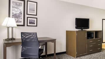 Premium bedding, pillowtop beds, desk, laptop workspace