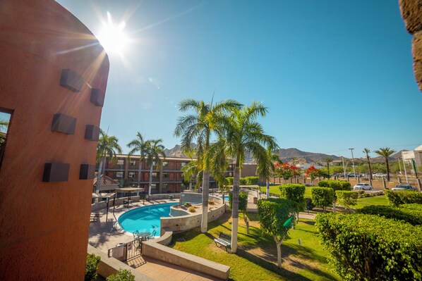 Relax by the resort's pool surrounded by lush landscaping and palm trees.