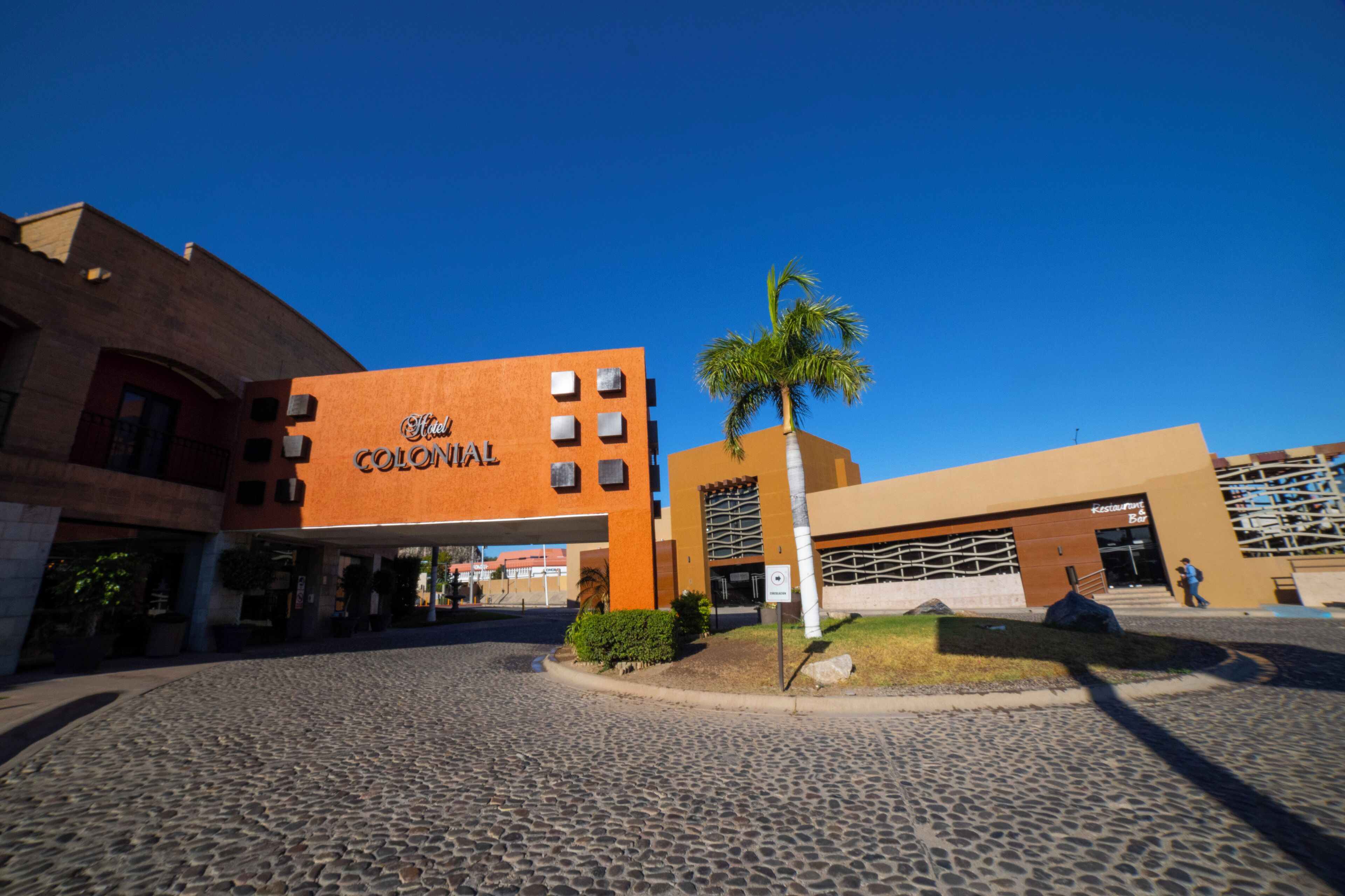 Un hotel llamado "Colonial" con diseño moderno, que presenta un patio empedrado y una palmera.