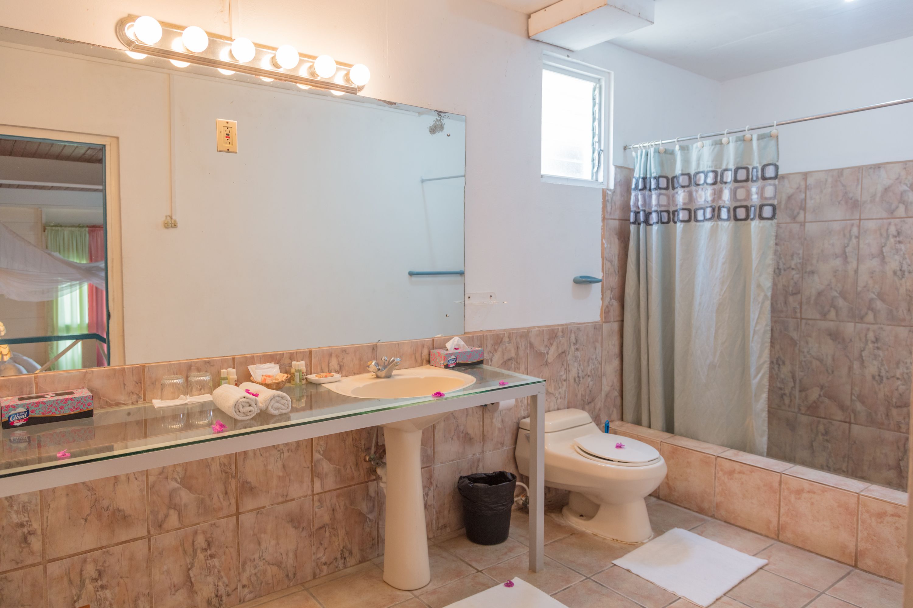 Ein Badezimmer mit Glaswaschtisch, zwei Waschbecken, Toilette und Dusche mit Vorhang.