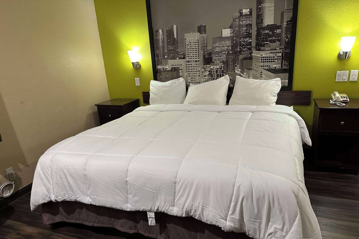 A hotel room with a large bed, two bedside tables, a cityscape mural, and a telephone on one of the tables.