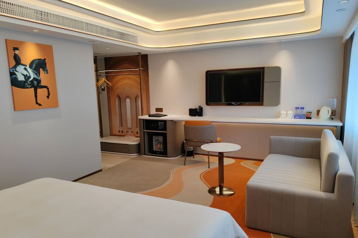 Una habitación de hotel moderna con cama, zona de estar, escritorio y televisor.