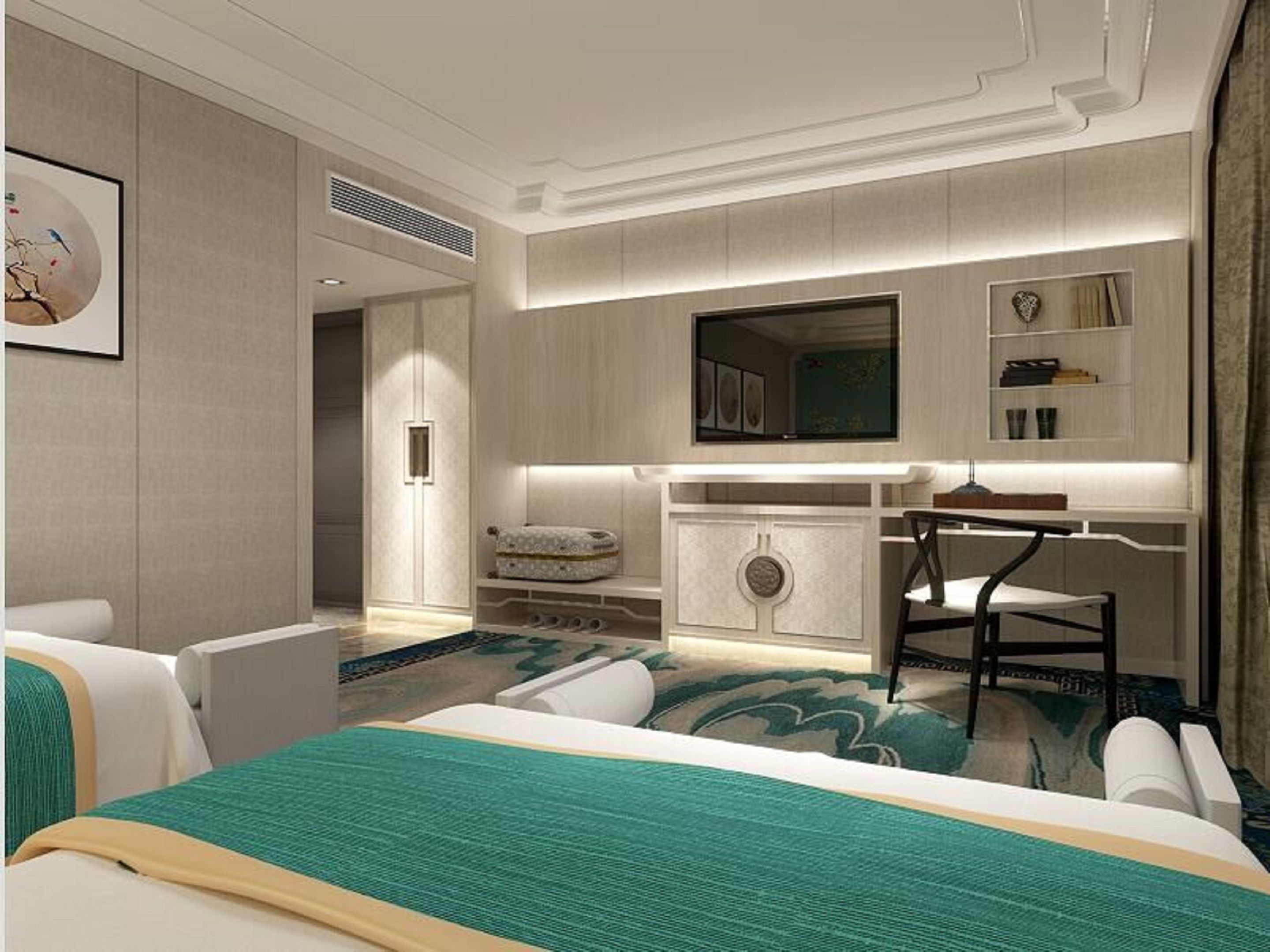 Una habitación de hotel moderna con una cama grande, un escritorio con silla, un televisor de pantalla plana, un armario y un pequeño espacio de descanso.