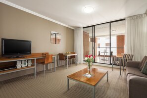 In-room safe, desk, laptop workspace, blackout curtains