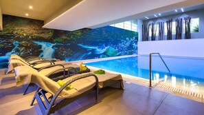 Outdoor pool, pool umbrellas, pool loungers