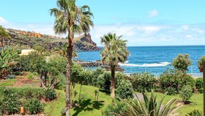 A coastal landscape with palm trees, a rocky outcrop, and a view of the ocean. - The Views Oasis - Family Friendly (Santa Cruz)