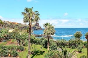 Paesaggio costiero con palme, un promontorio roccioso e vista sull'oceano.