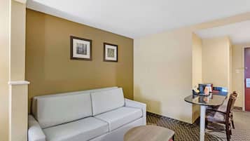 Desk, laptop workspace, blackout curtains, iron/ironing board