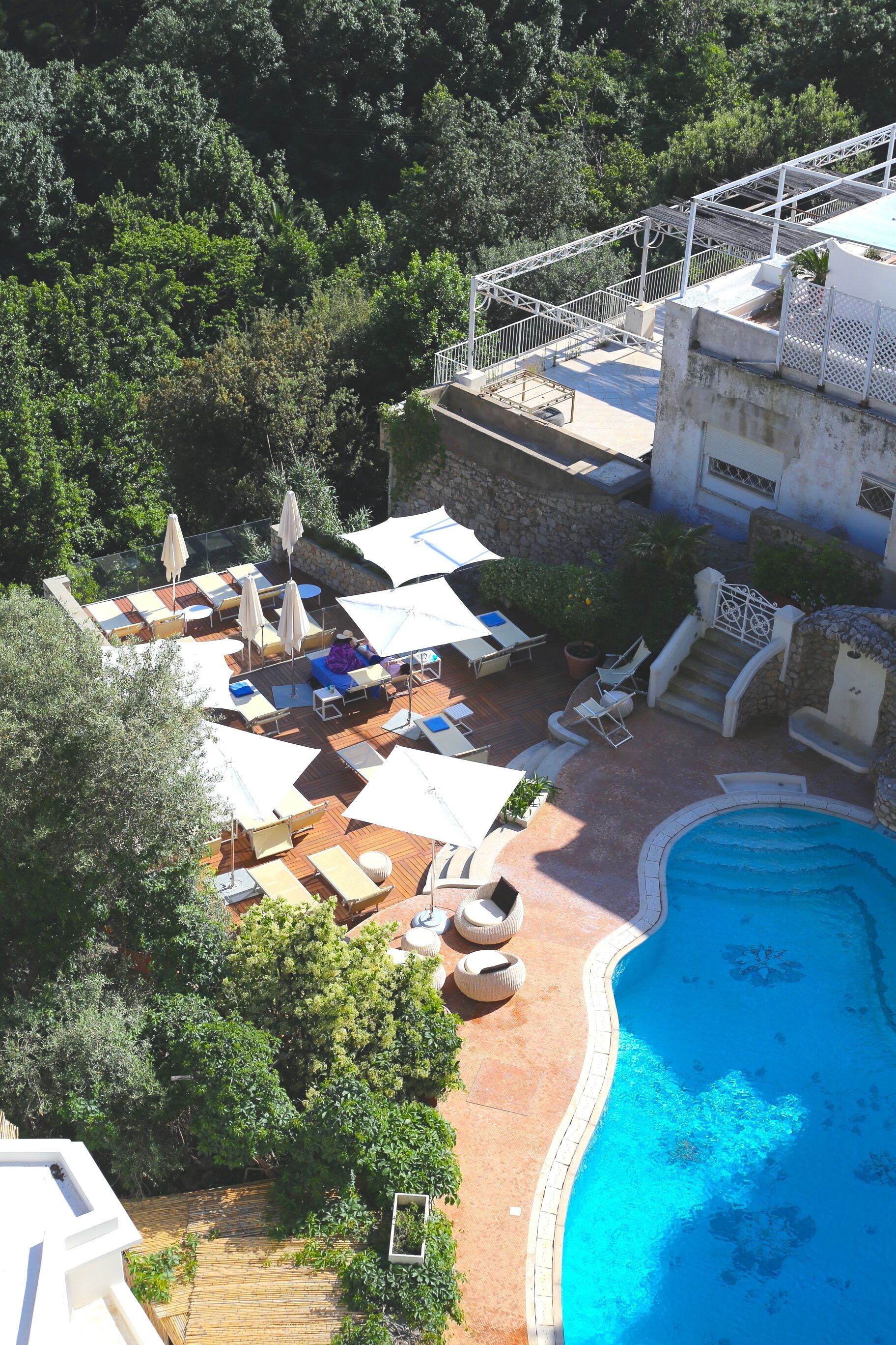 An outdoor swimming pool area with lounge chairs and umbrellas, surrounded by greenery.