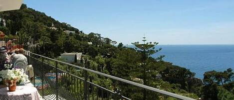 A balcony with a view of the sea, surrounded by greenery.