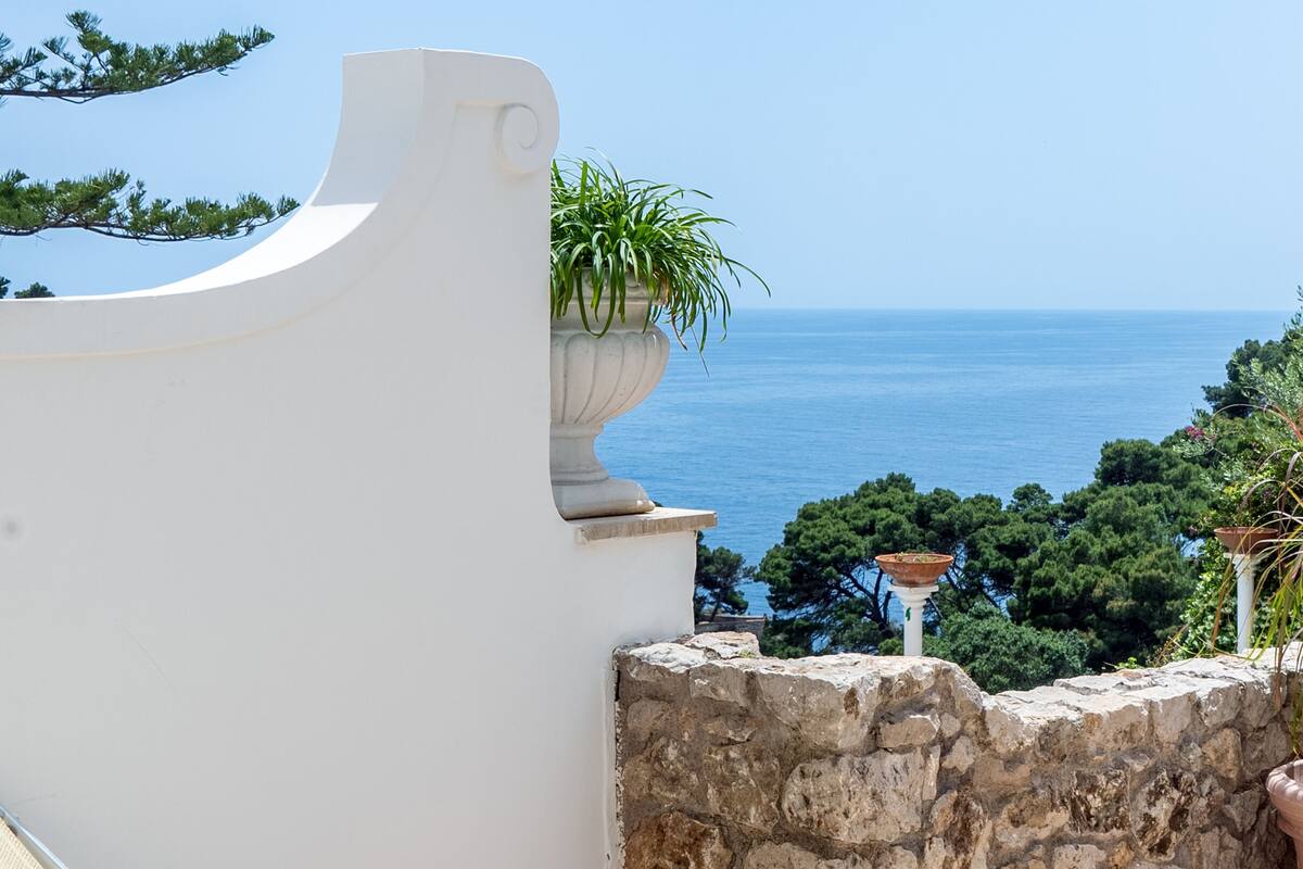 A sun lounger with a blue towel, a potted plant, and a view of the sea.