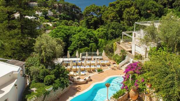 Zona de piscina con sillones de descanso y sombrillas, rodeada de vegetación y con vistas a un paisaje costero.