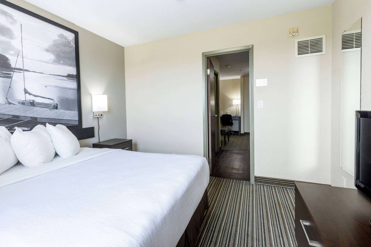 Habitación de hotel con una cama grande, un escritorio, una silla, un televisor y un cuadro en la pared.