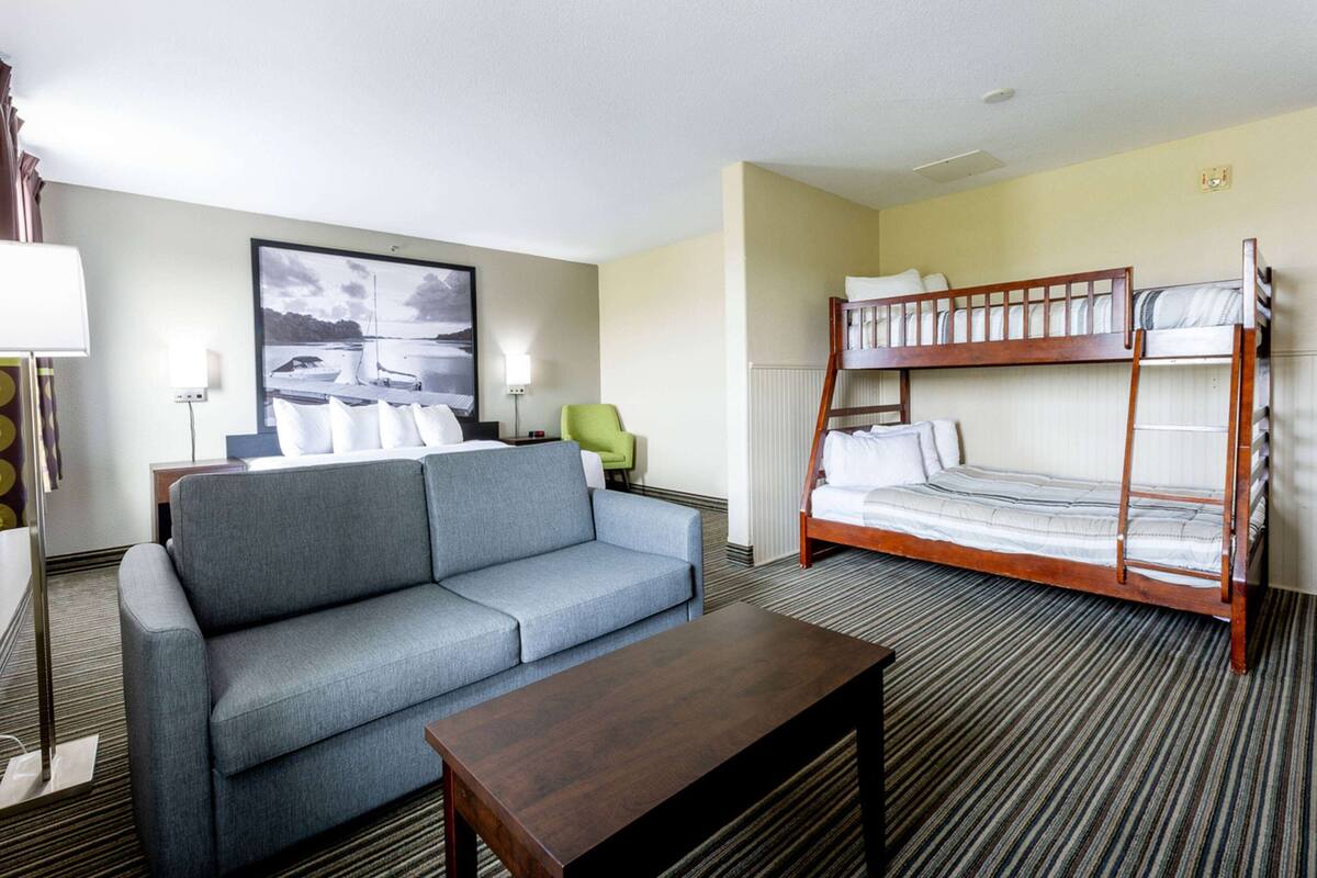Habitación de hotel con un sofá, una litera, una mesita de centro, una lámpara y un cuadro en la pared.