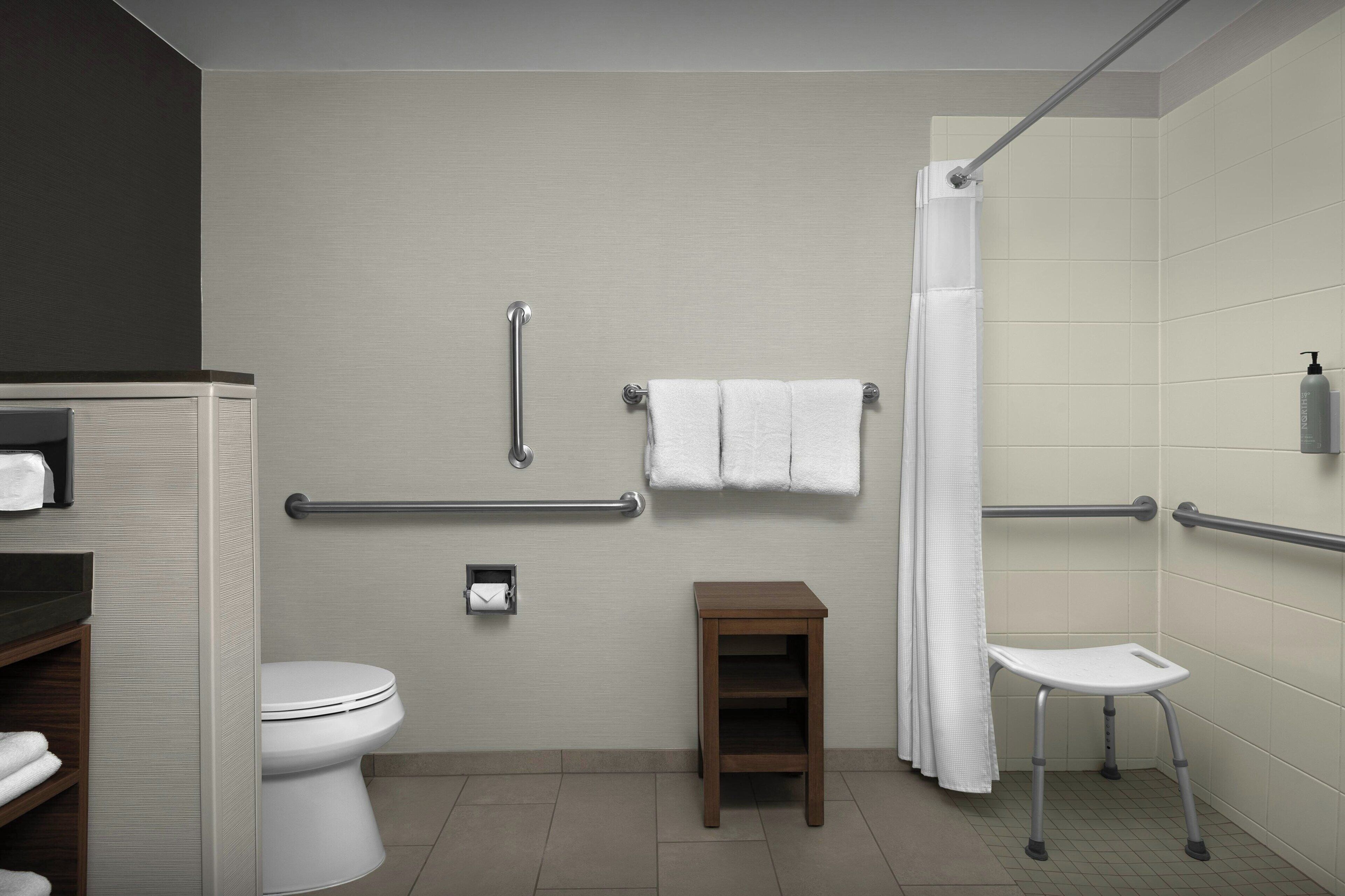 Habitación, 1 cama de matrimonio grande con sofá cama (Mobility/Hearing Access, Roll-In Shwr) | Baño | Artículos de higiene personal de diseño, secador de pelo y toallas