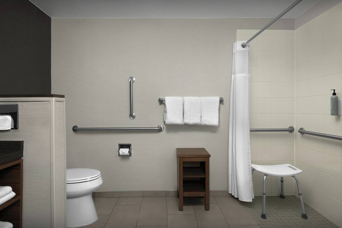 Habitación, 1 cama de matrimonio grande con sofá cama (Mobility/Hearing Access, Roll-In Shwr) | Baño | Artículos de higiene personal de diseño, secador de pelo y toallas