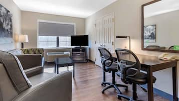 Premium bedding, desk, blackout drapes, iron/ironing board