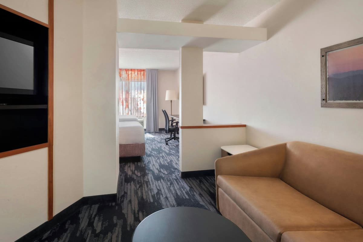 A hotel room with a sofa, a desk, a chair, a TV, and a bed.