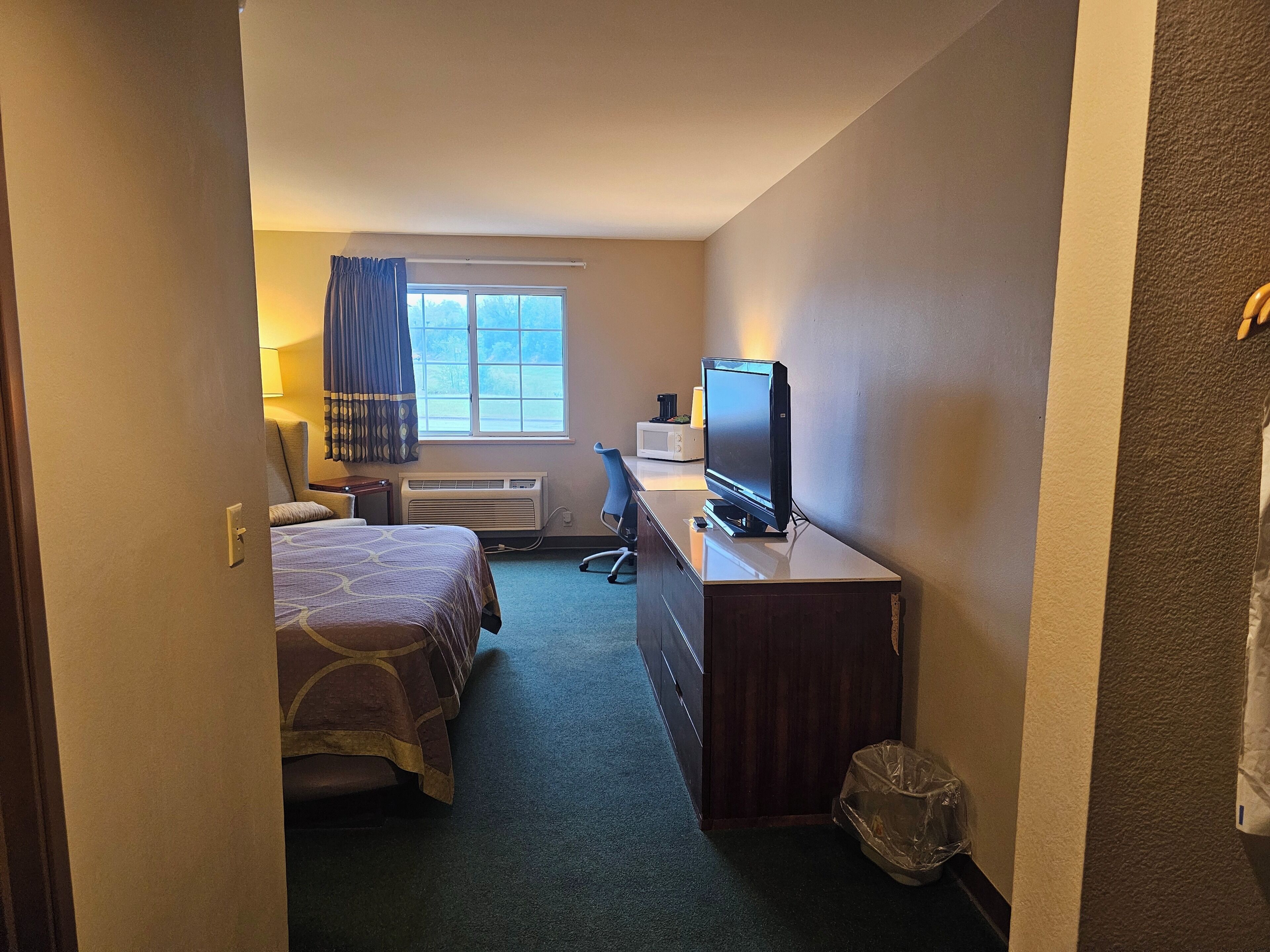 A hotel room with a bed, a desk with a television, a window with curtains, a heater, and a trash bin.