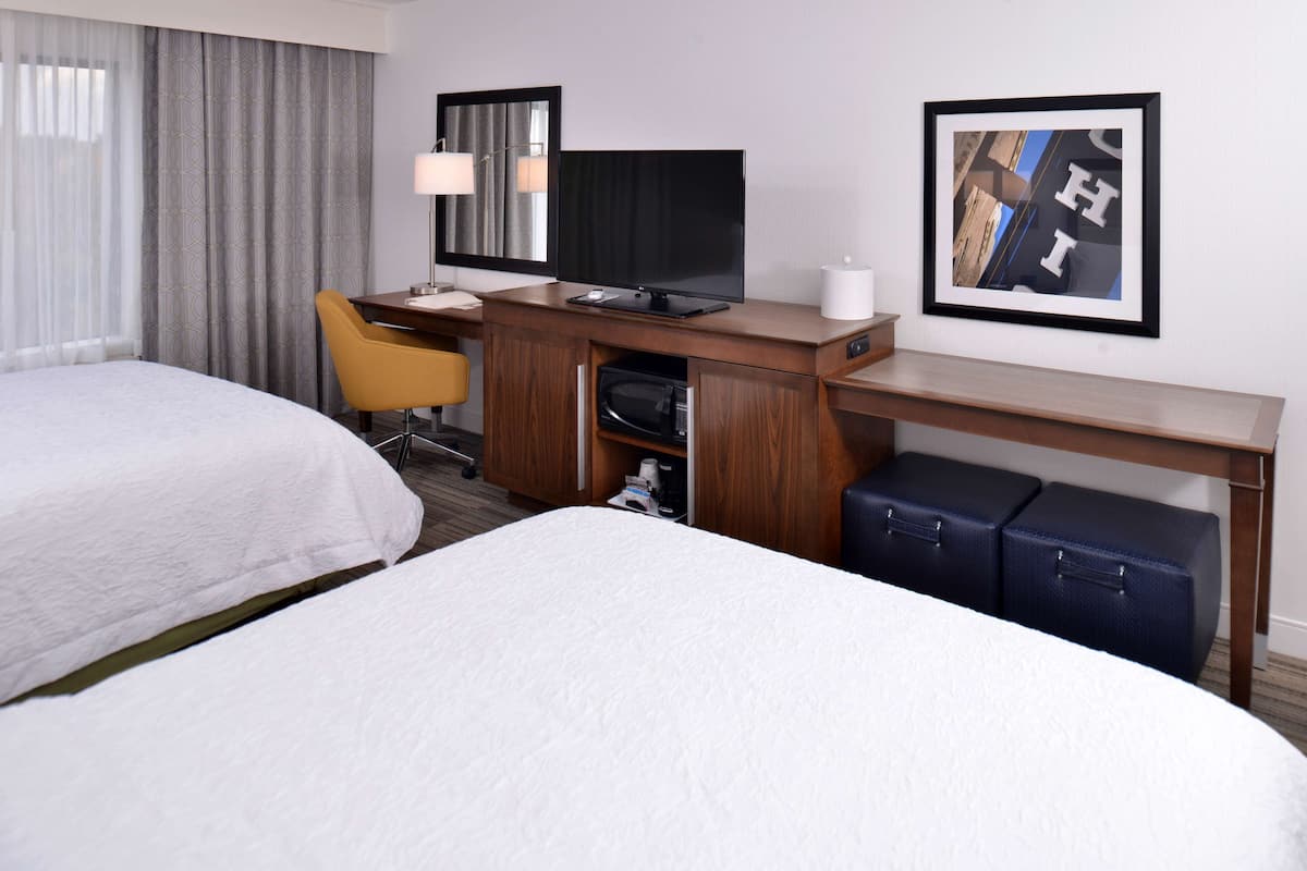 A hotel room with two beds, a desk with a television, a chair, and a framed picture on the wall.