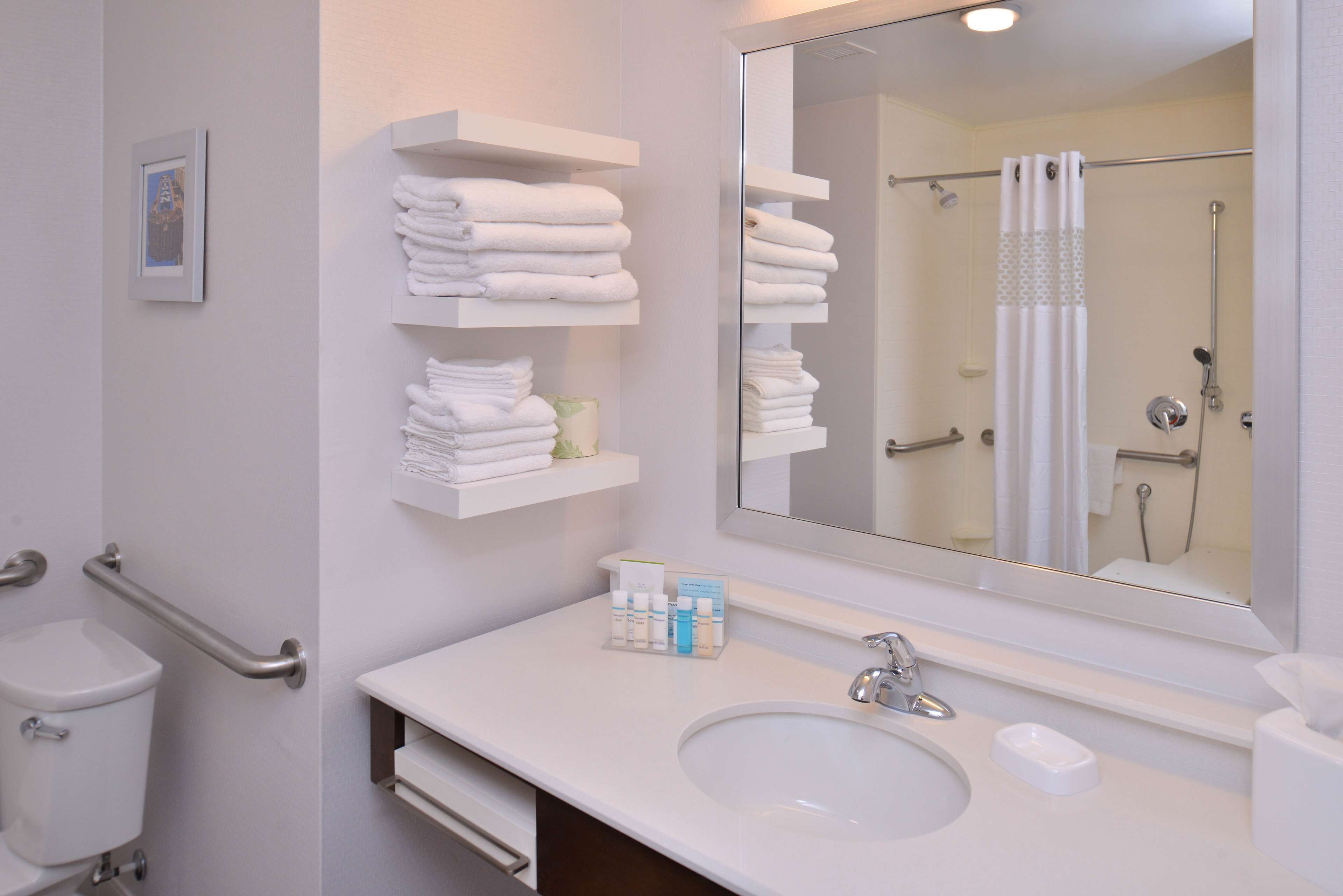 combined shower/bathtub, free toiletries, hair dryer, towels