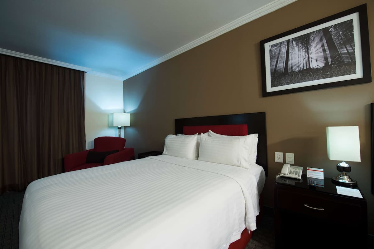 A hotel room with a large bed, a red chair, a desk with a lamp, a framed picture on the wall, and a telephone.
