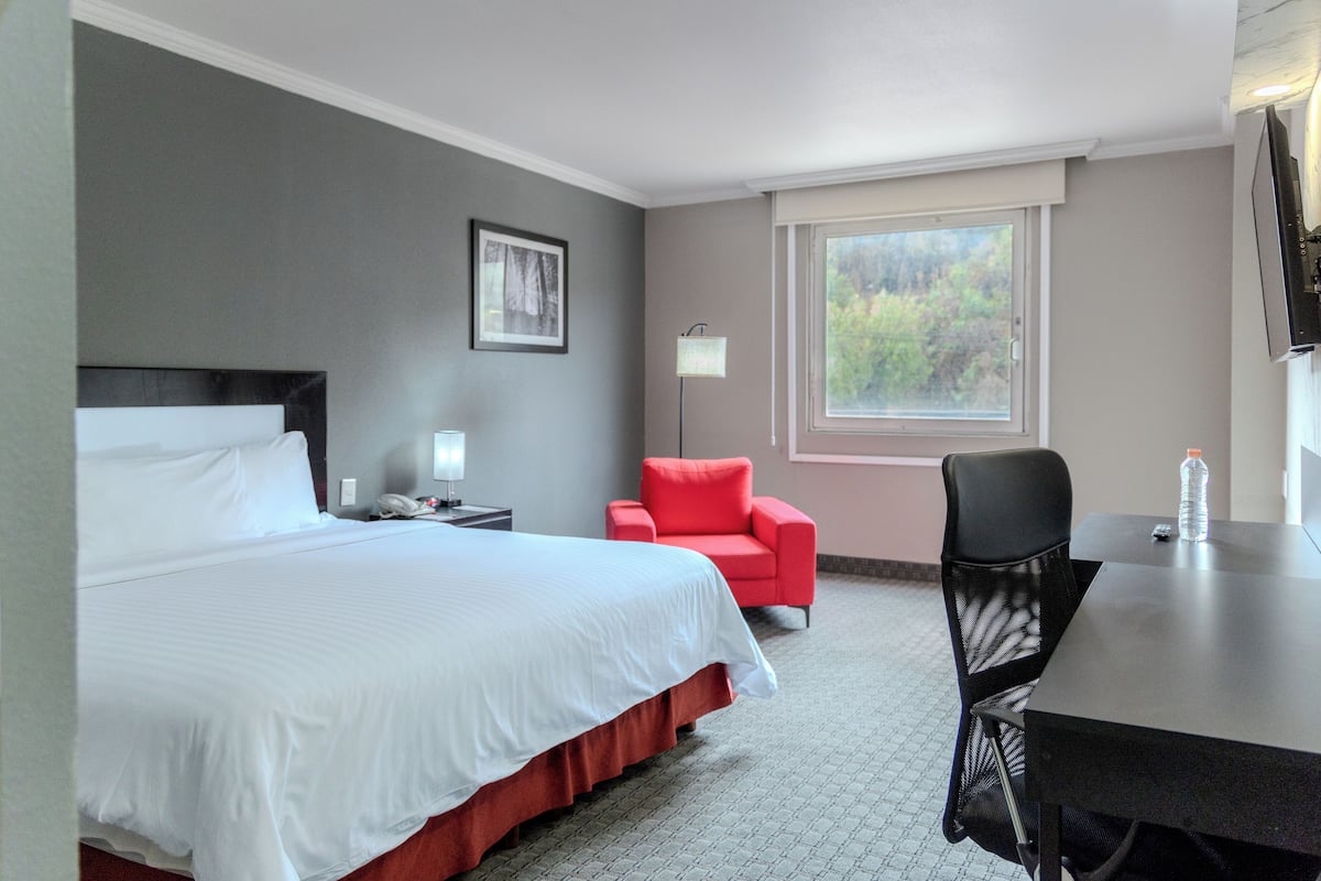 A hotel room with a bed, a desk, a chair, a nightstand, a lamp, a window, and a picture on the wall.