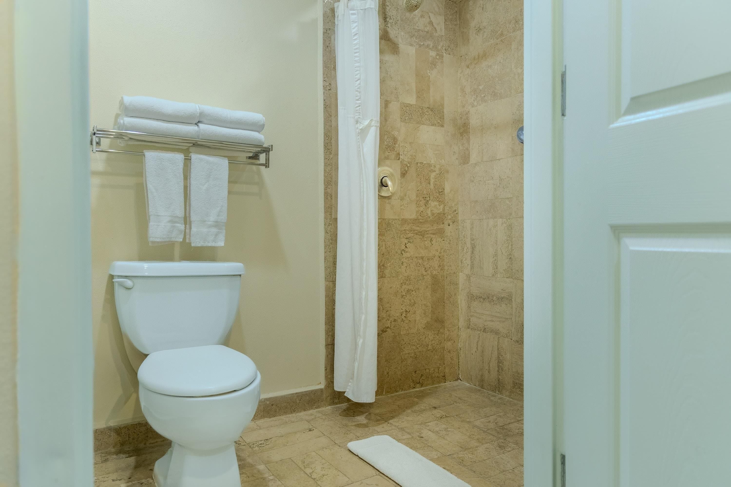 Ein Badezimmer mit Toilette, Handtuchhalter, Duschvorhang und Fliesenboden.