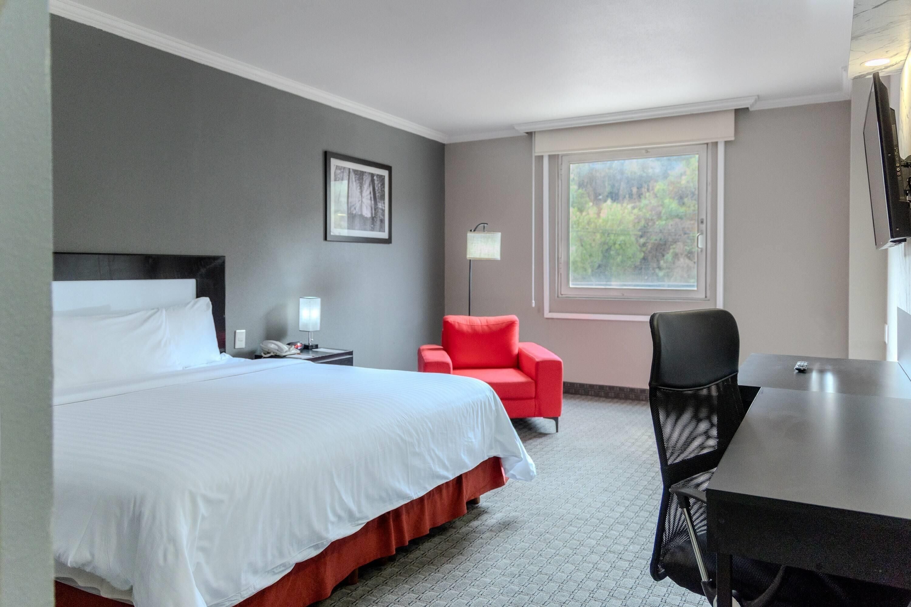 Habitación de hotel con cama, escritorio, silla, mesita de noche, lámpara y ventana con vistas al verdor.