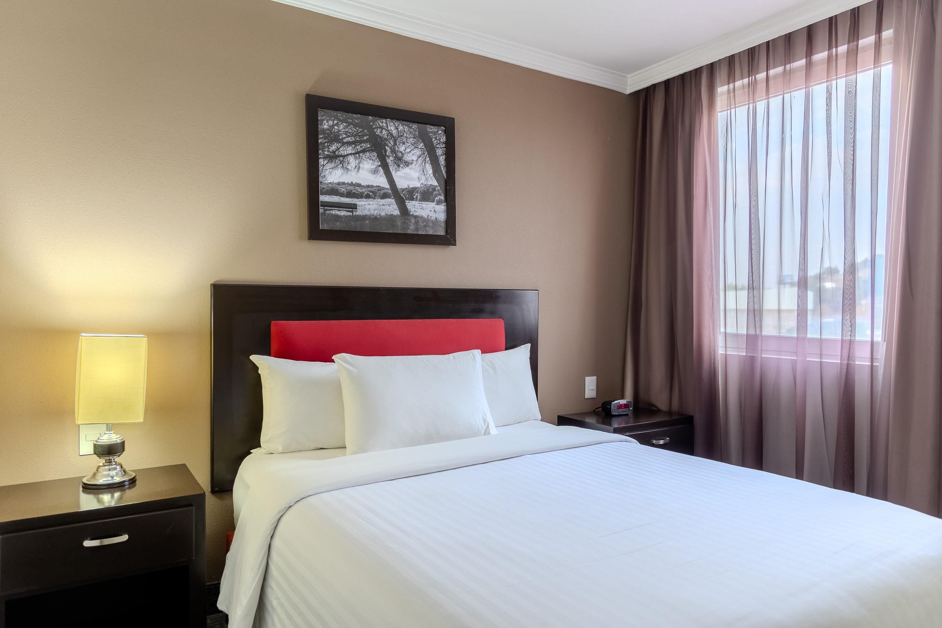 Une chambre d’hôtel avec un lit, une table de chevet avec une lampe, un tableau encadré au mur et une fenêtre avec des rideaux.