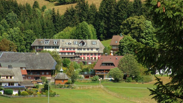 Un conjunto de edificios tradicionales de estilo europeo con tejados inclinados, rodeado de abundante vegetación y un paisaje montañoso.