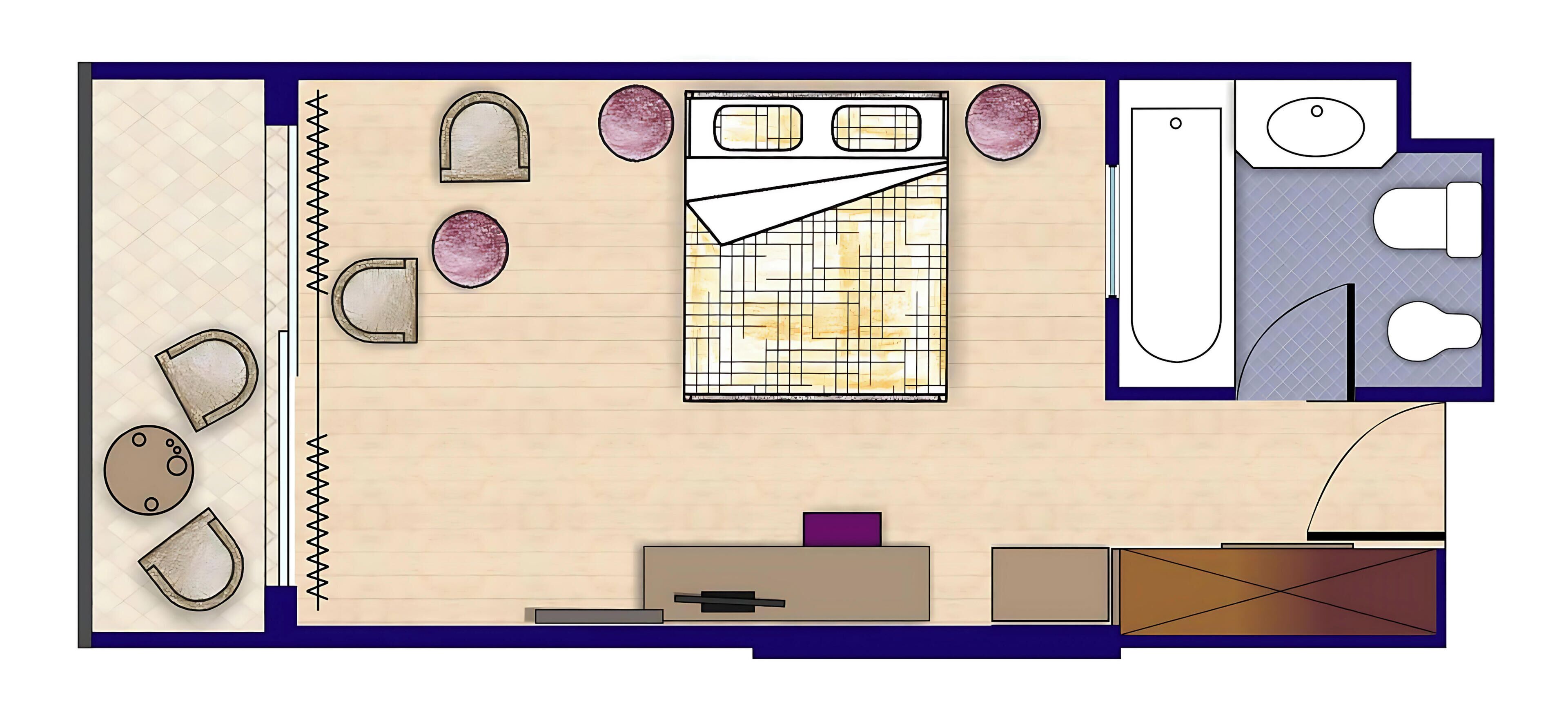 A hotel room layout with a bed, seating area, kitchenette, bathroom, and a small storage space.