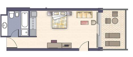 A floor plan of a hotel room with a bathroom, kitchenette, dining area, and a small balcony.