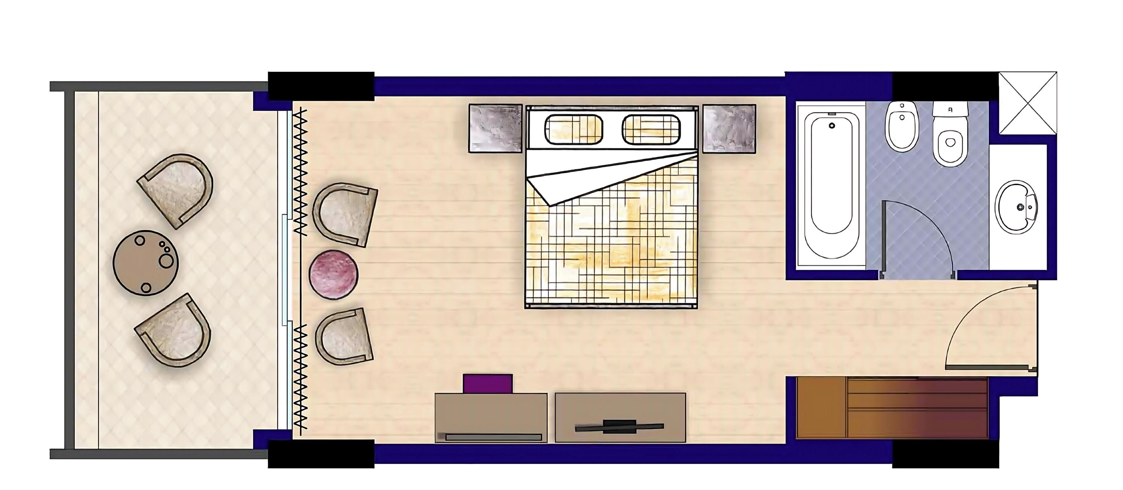 Layout de quarto de hotel com cama, banheiro, pequena área de estar e cozinha compacta.