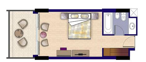 A hotel room layout with a bed, a bathroom, a small seating area, and a kitchenette.