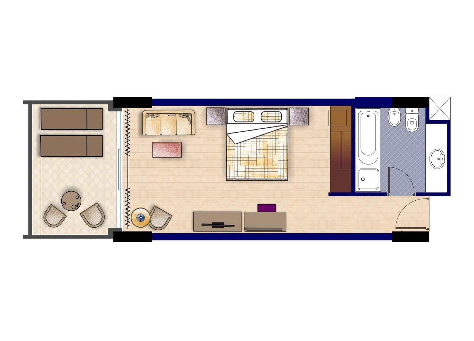 Planta de um quarto de hotel com cama, escrivaninha, sofá, mesinha e banheiro.
