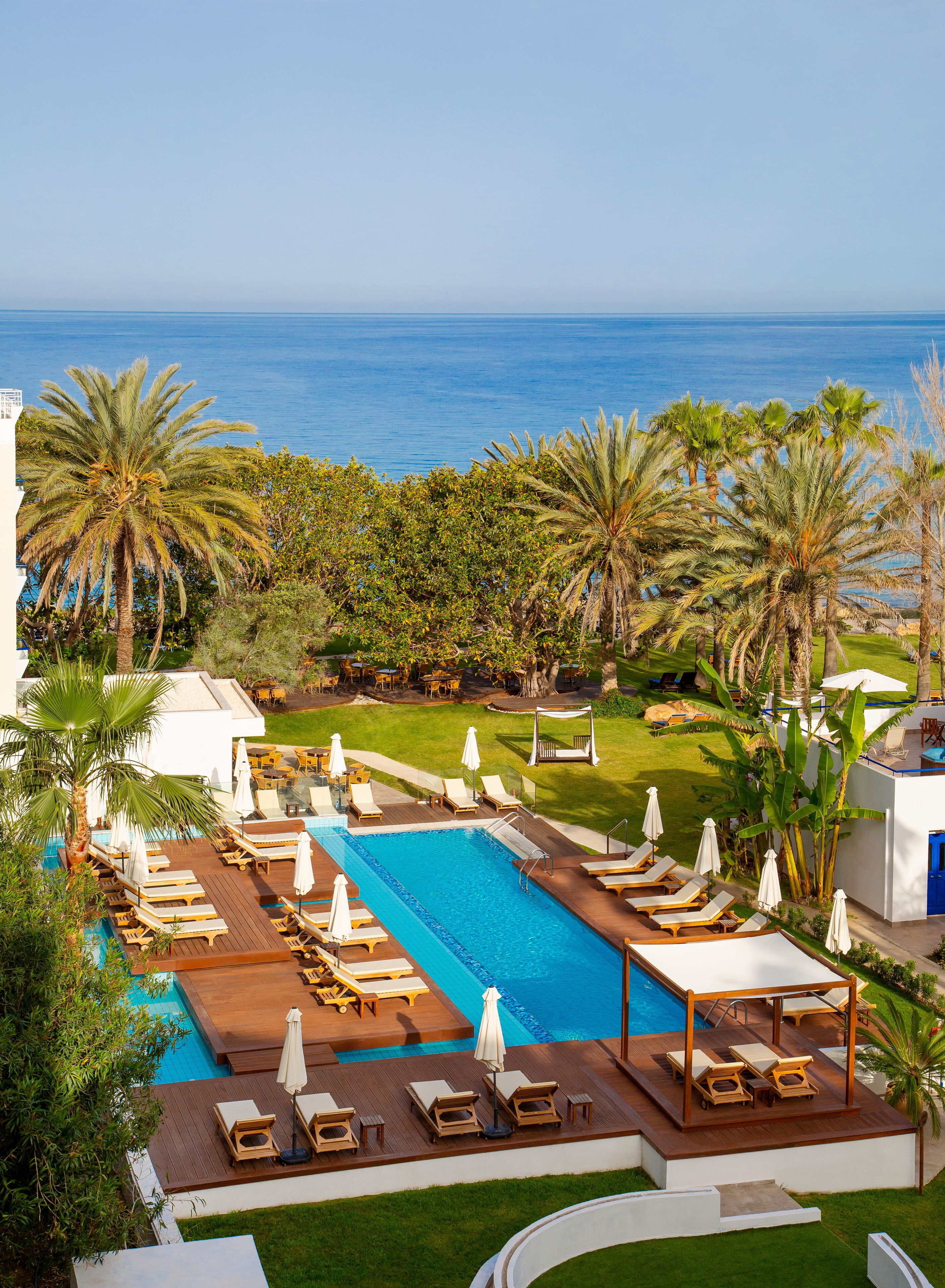 A resort pool area with sun loungers and umbrellas, surrounded by palm trees and a view of the ocean.