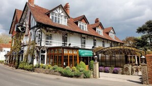 A traditional pub with a green awning, a large glass front, and a brick archway entrance.