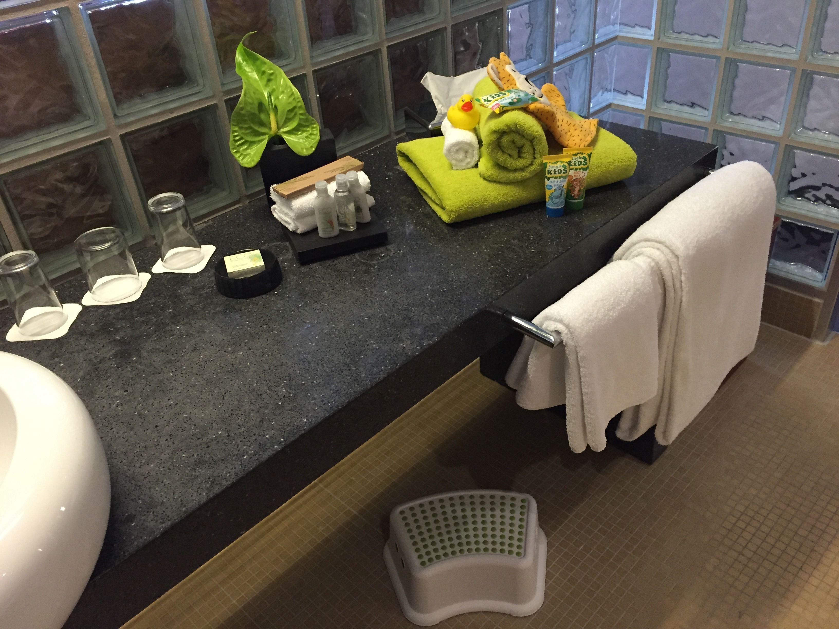 eco-friendly toiletries, hair dryer, towels