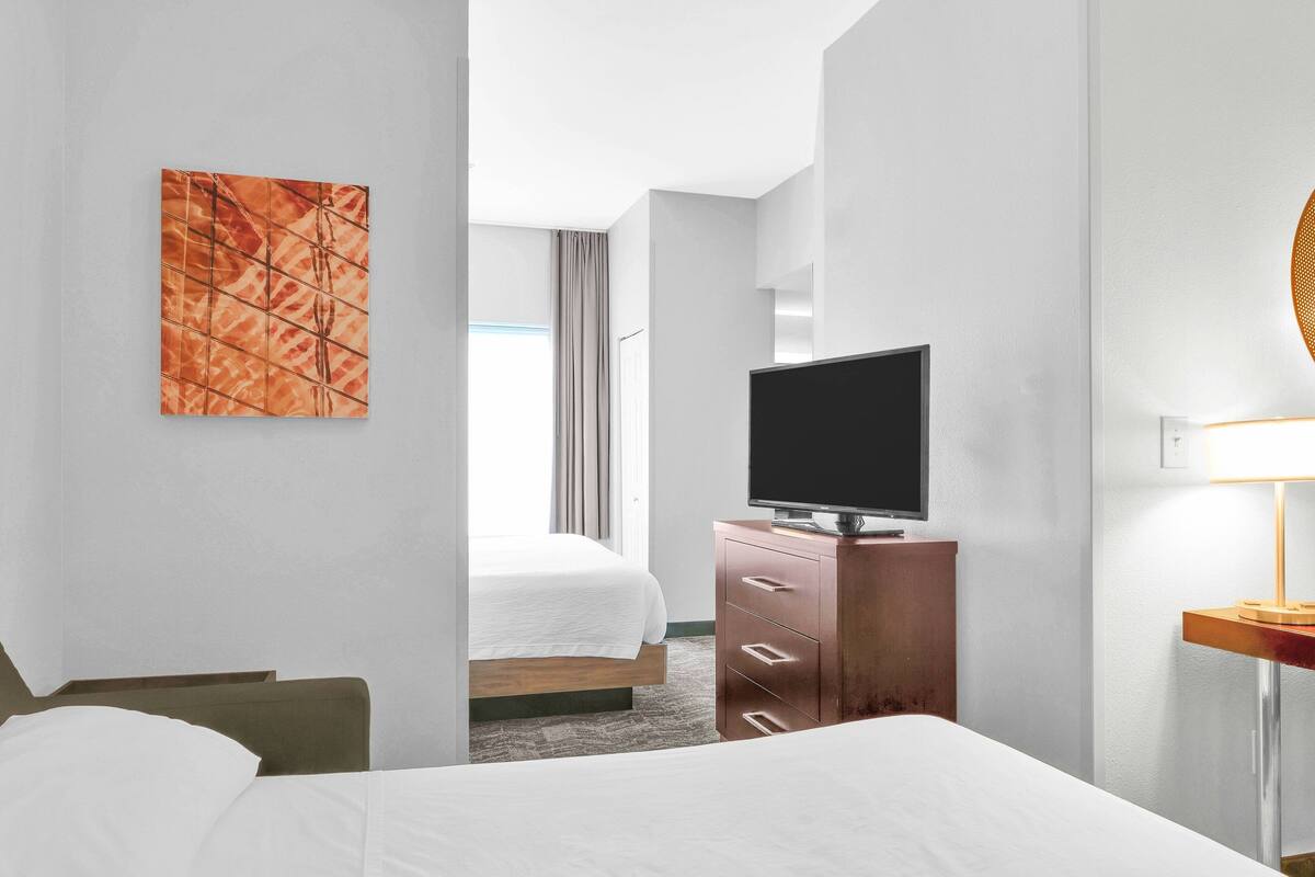 Una habitación de hotel con una cama, un televisor sobre un aparador de madera, un cuadro en la pared y una lámpara sobre una mesita.
