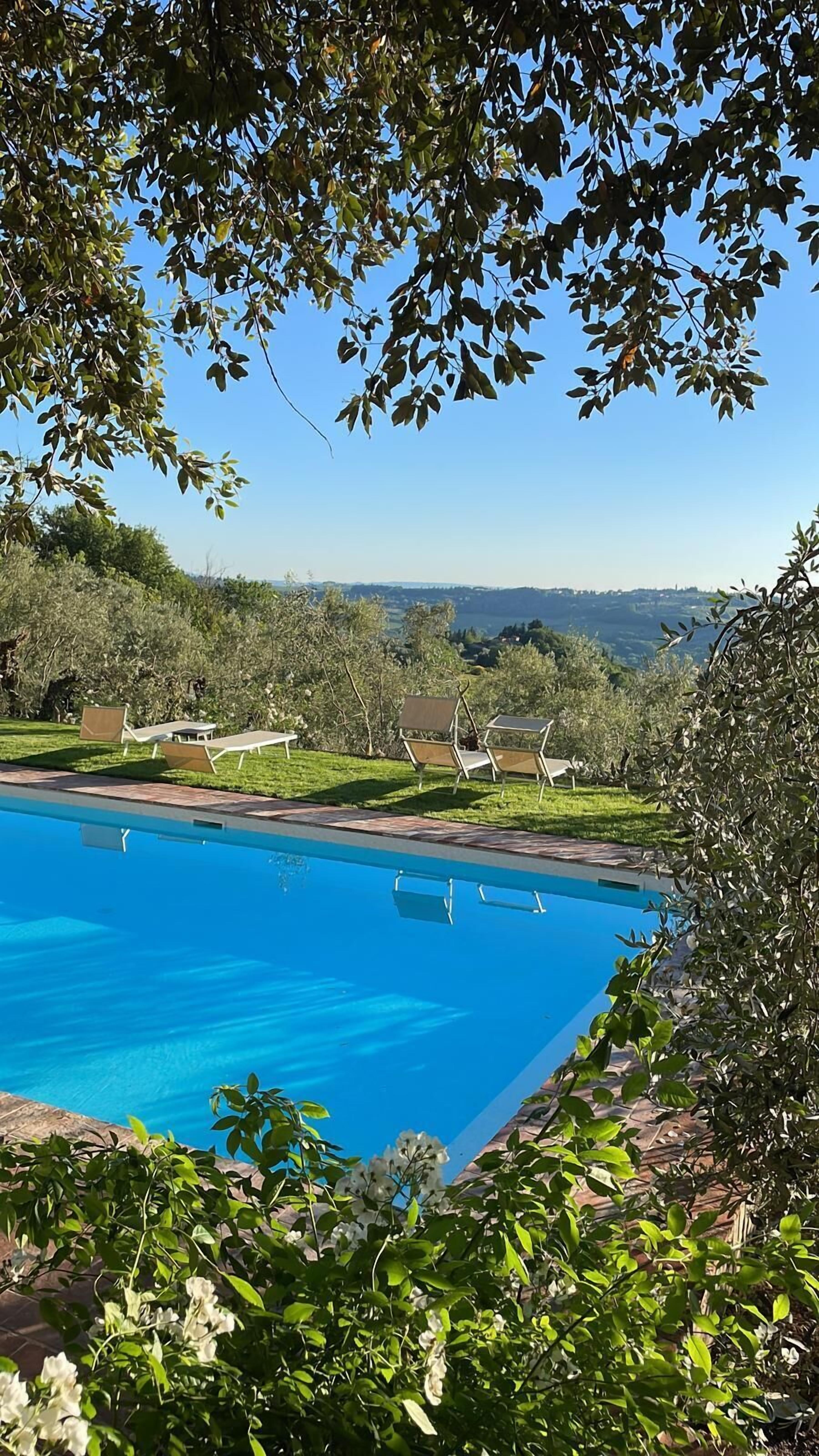 A clear blue swimming pool surrounded by greenery and a view of distant hills.