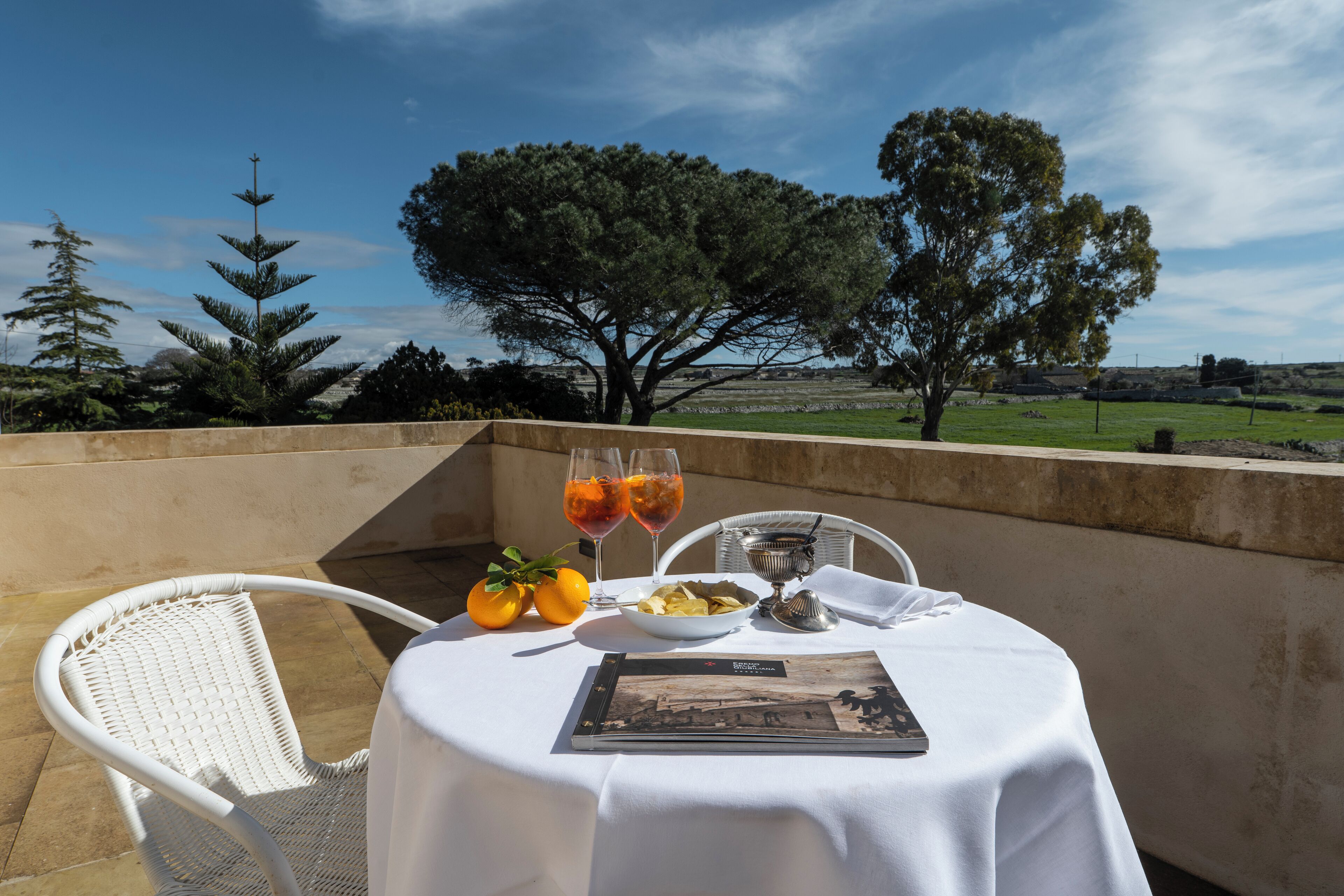 Mesa al aire libre con vistas a árboles y un cielo despejado.