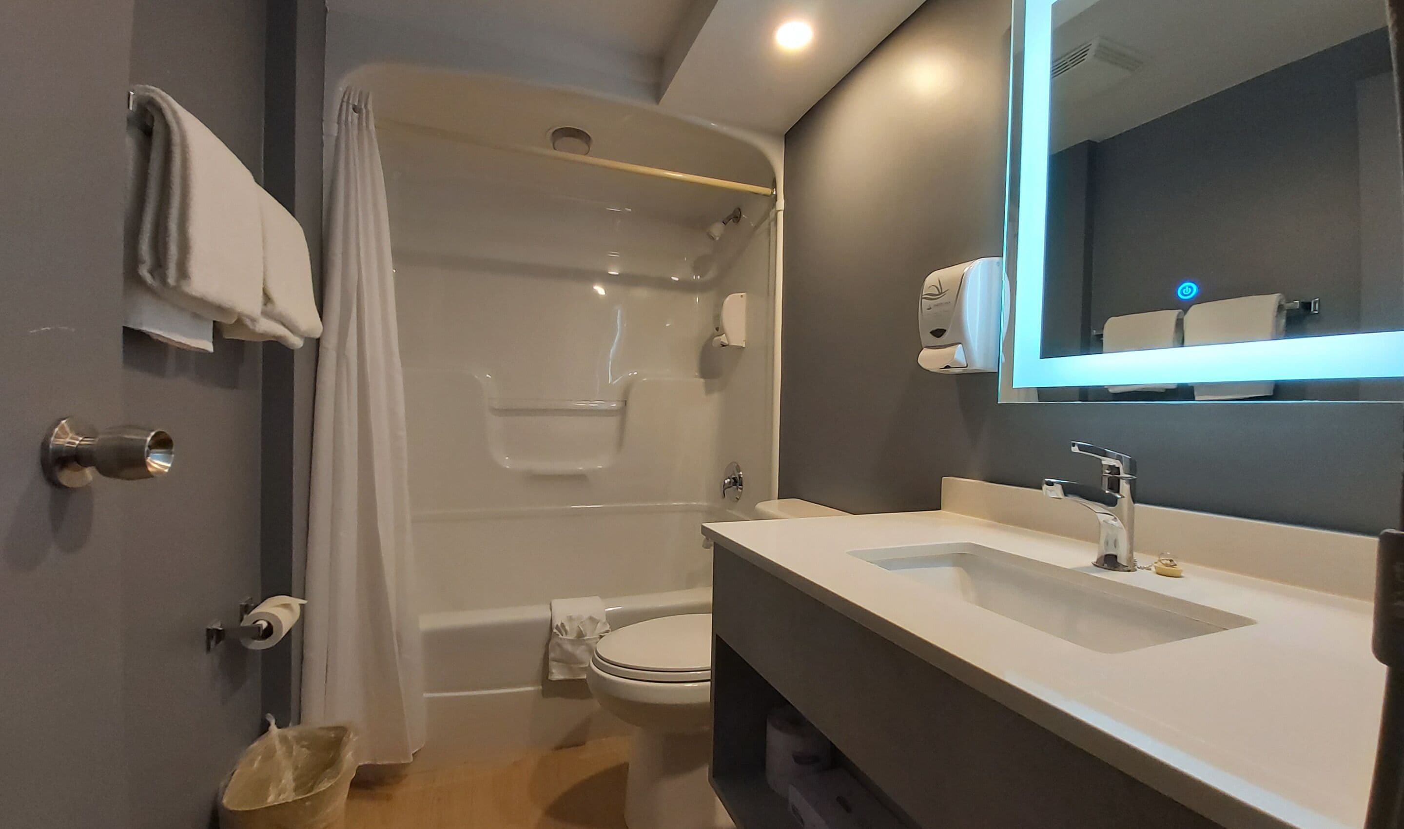 combined shower/bathtub, free toiletries, hair dryer, towels