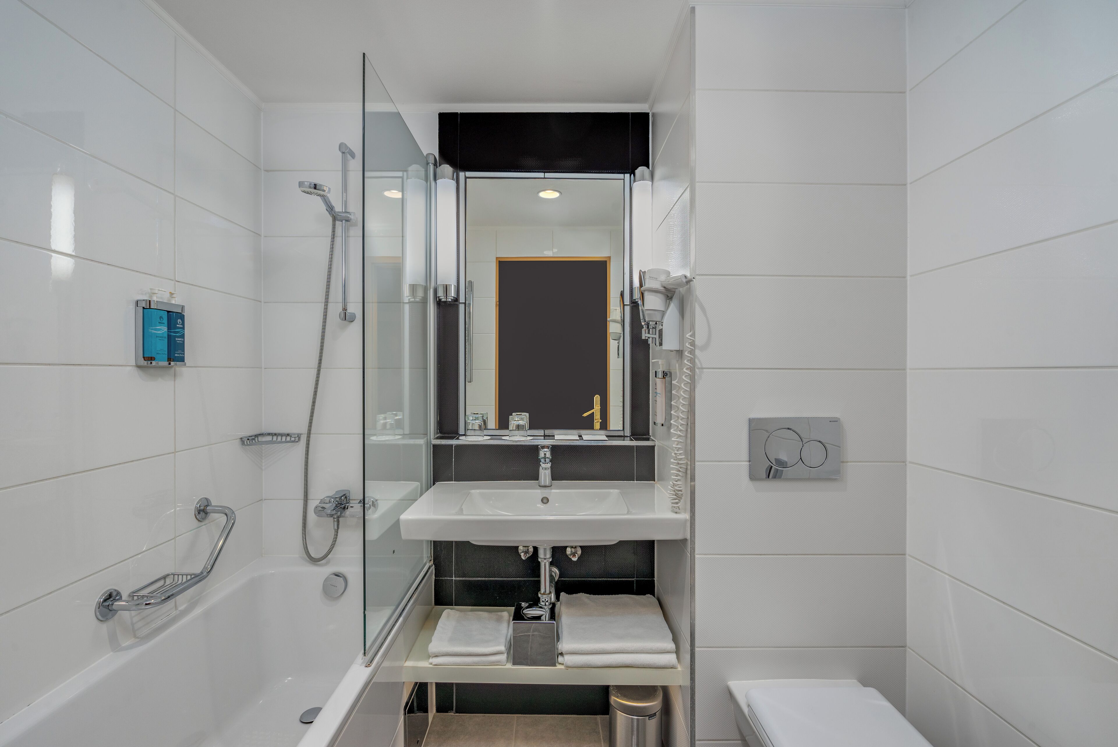 A modern bathroom with a glass shower enclosure, a white sink, and a toilet.